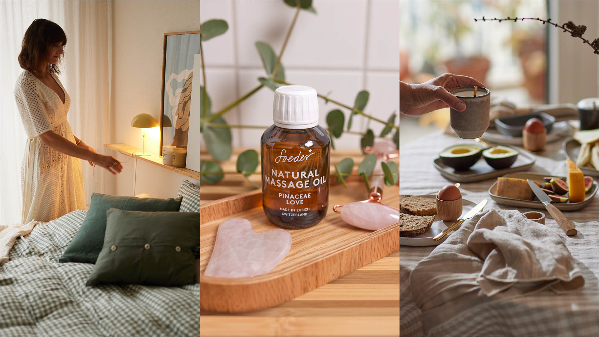 Gemütliche Schlafzimmer-Szene mit Bett und grünen Kissen, Massageöl auf Holztablett mit Rosenquarz, sowie gedeckter Frühstückstisch mit Brot, Eiern und Avocado.