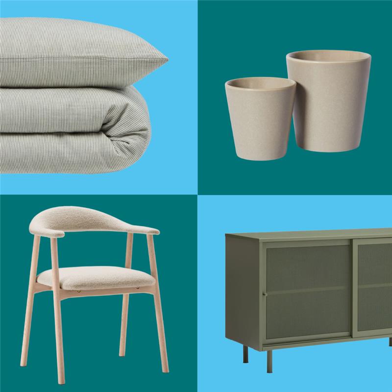 Vier Produkte auf farbigem Hintergrund: gefaltete Bettdecke, zwei beige Becher, gepolsterter Holzstuhl und grüne Kommode mit Schiebetüren.