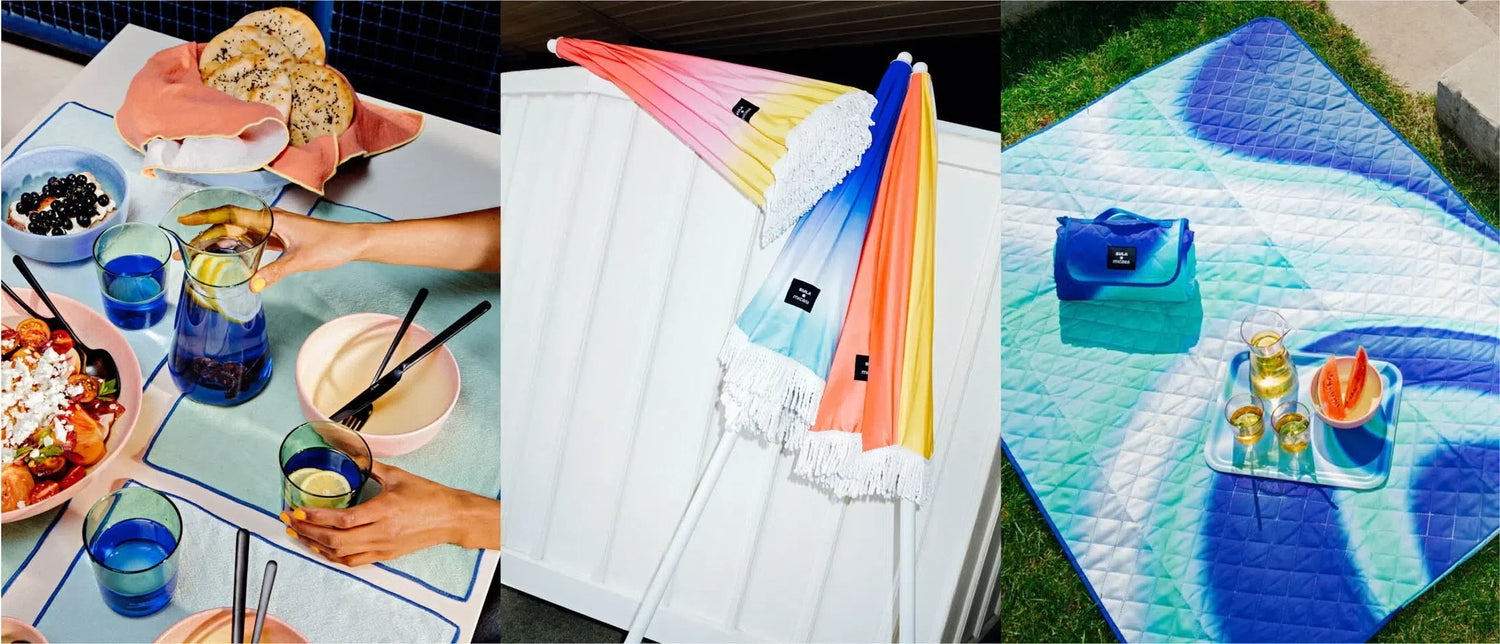 Drei Szenen: ein gedeckter Tisch mit Essen und Getränken, bunte Sonnenschirme, und eine Picknickdecke mit Snacks im Freien.