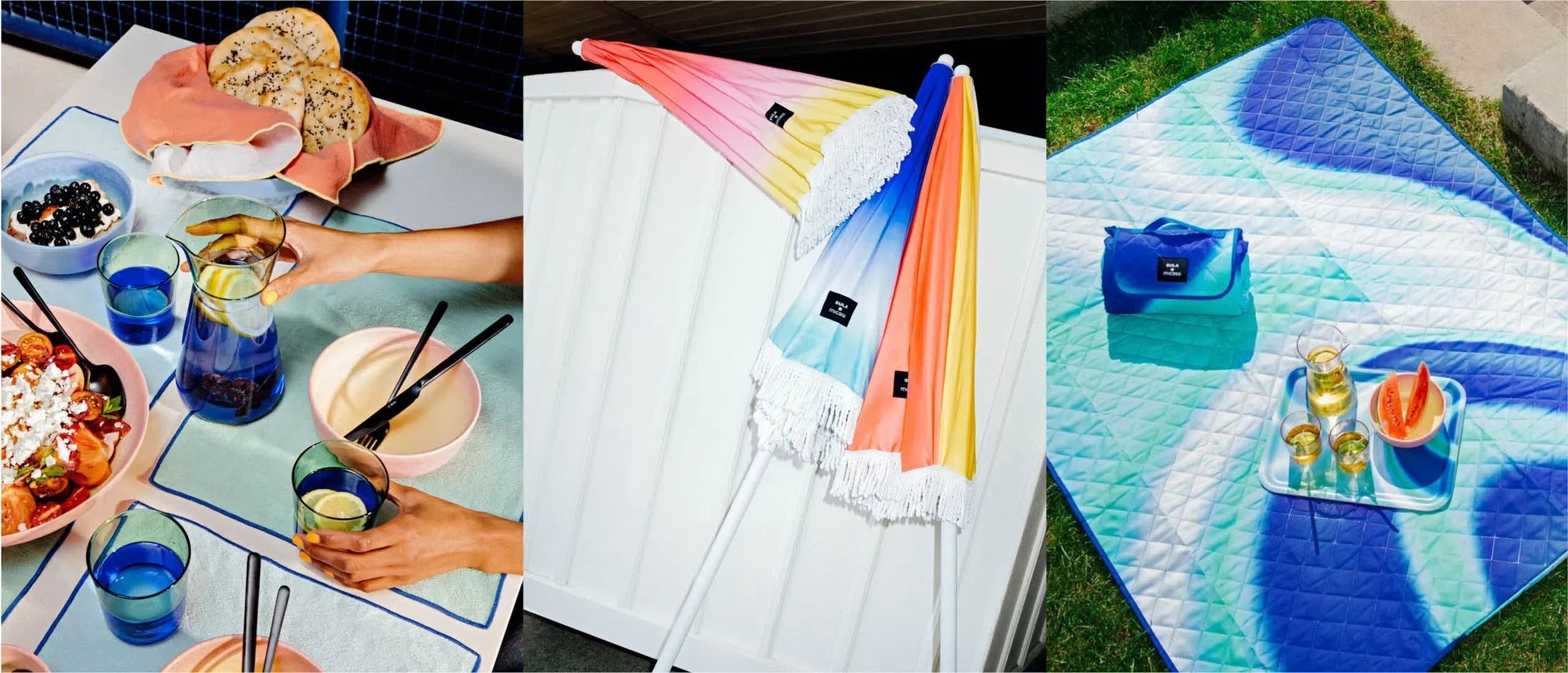 Drei Szenen: ein gedeckter Tisch mit Essen und Getränken, bunte Sonnenschirme, und eine Picknickdecke mit Snacks im Freien.