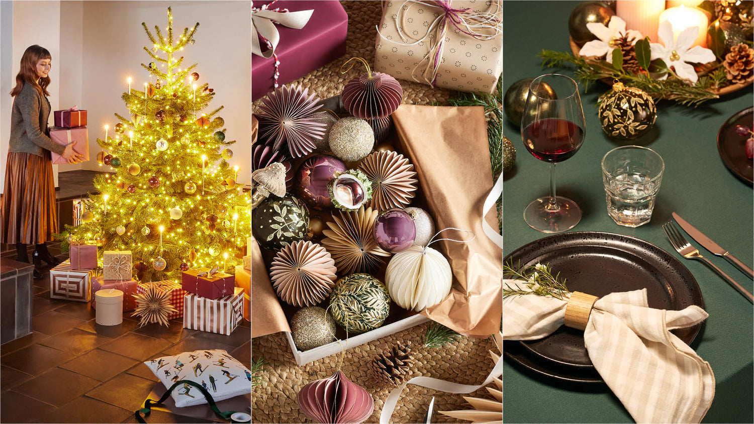 Weihnachtlich dekorierter Raum mit geschmuecktem Tannenbaum, Geschenken, festlichen Kugeln und gedecktem Tisch mit Kerzen und Wein.