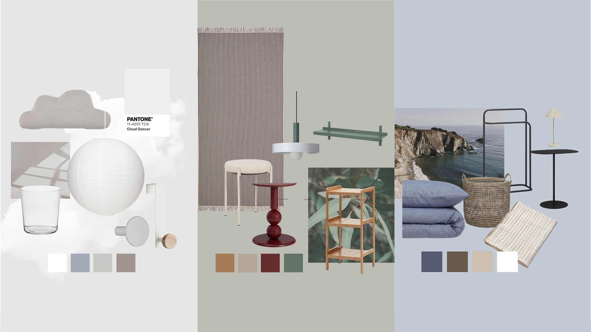 Moodboard mit Möbeln, Wohnaccessoires und Farbwelten in natürlichen Tönen.