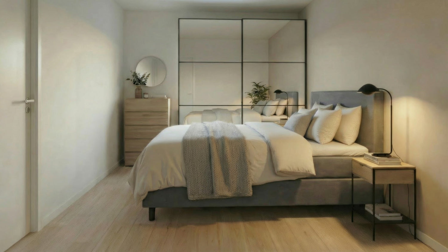 Modernes, helles Schlafzimmer mit gepolstertem Bett, neutraler Bettwäsche, Nachttischlampe und Spiegelschrank.