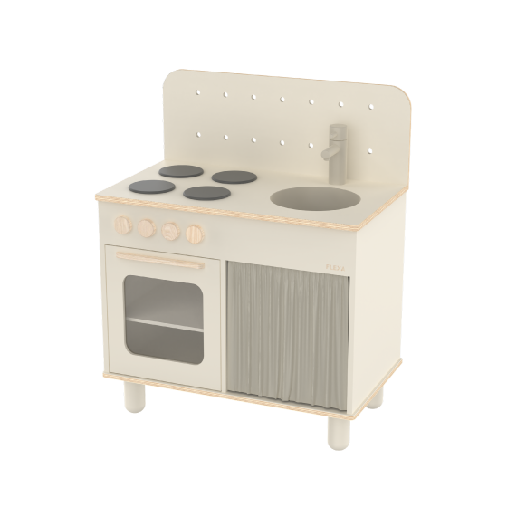 Flexa PLAY Spielküche aus Holz in hellem Beige mit Herdplatten, Ofen, Spüle und Vorhangfach.