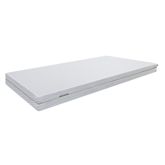 Rechteckige Einzelmatratze mit strukturiertem, hellgrauem Bezug.