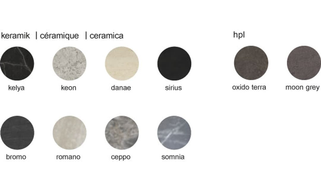 Farb- und Materialmuster: Keramik und HPL in verschiedenen Ausfuehrungen.