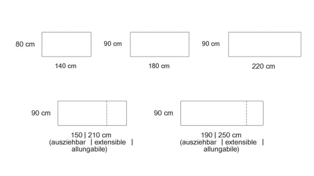 Tischgroessen: verschiedene Breiten und Laengen, inklusive ausziehbarer Optionen.