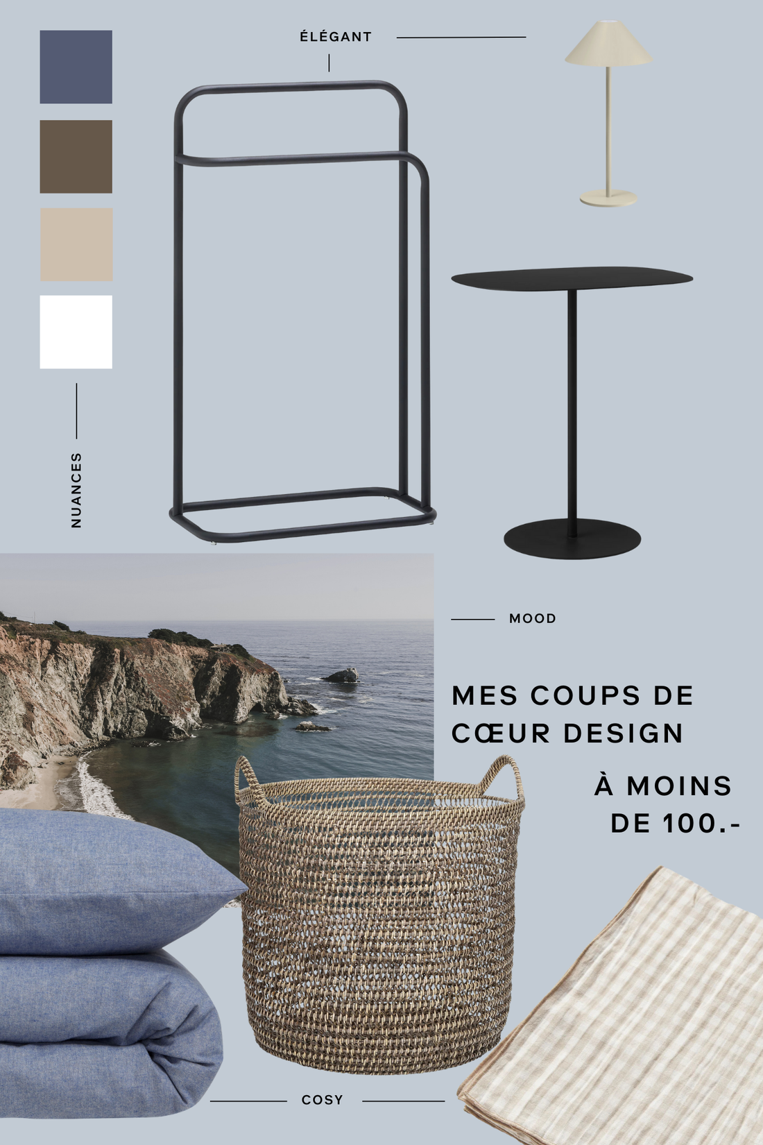 Un moodboard présentant des articles design élégants à moins de 100 francs.
