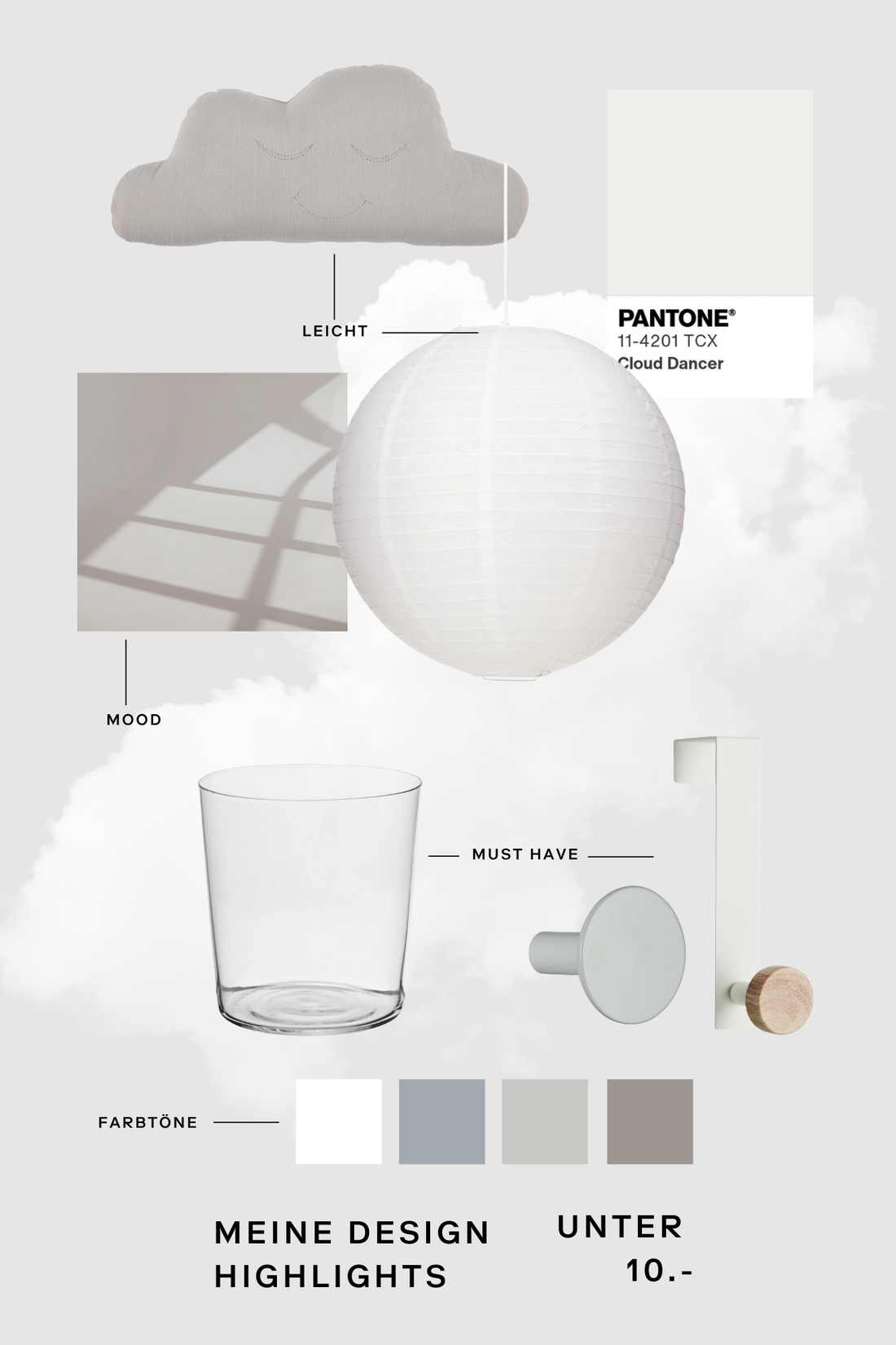 Moodboard mit Design‑Highlights unter 10 Franken in hellen, neutralen Farbtönen.