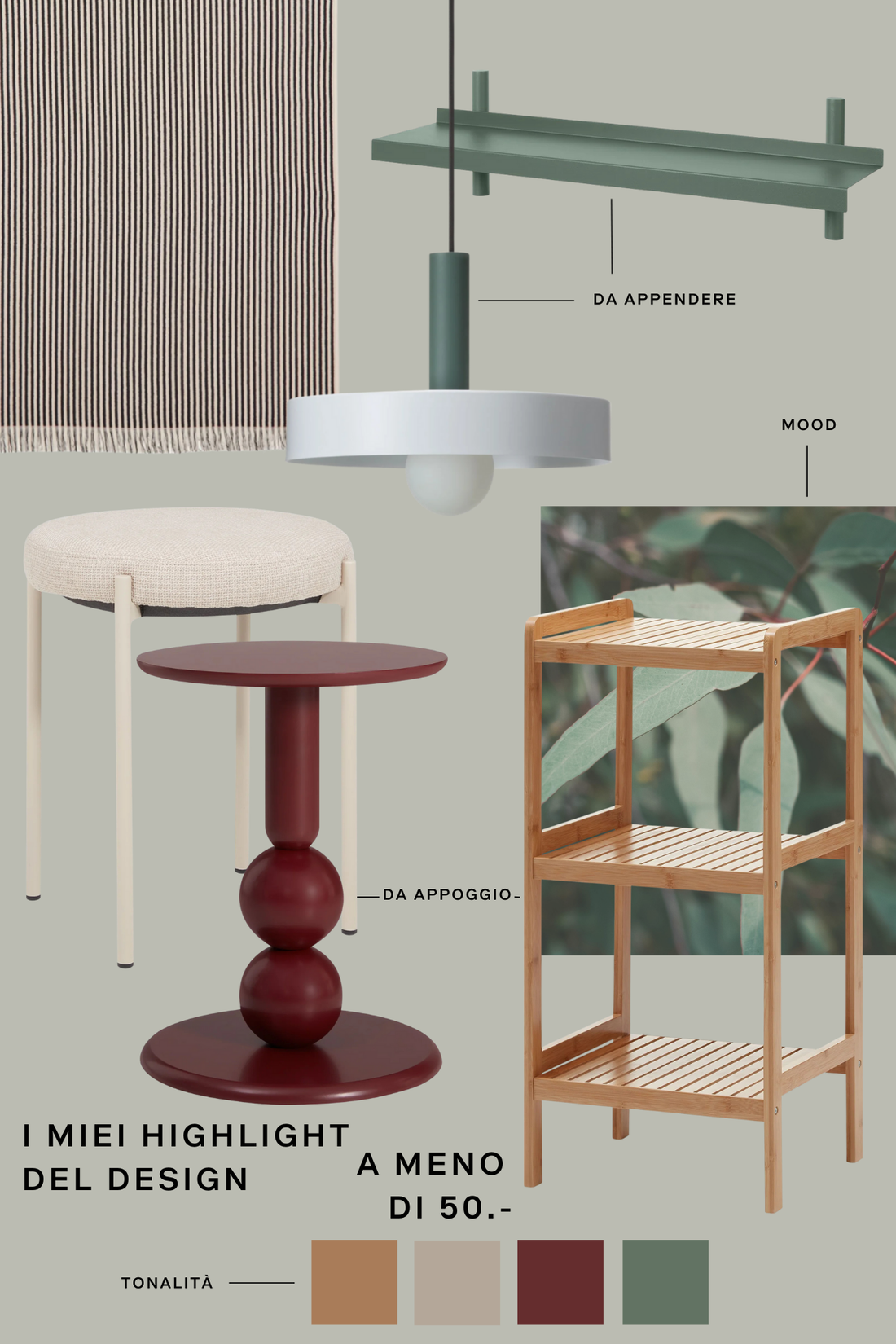 Moodboard con elementi di design naturali a meno di 50 franchi.