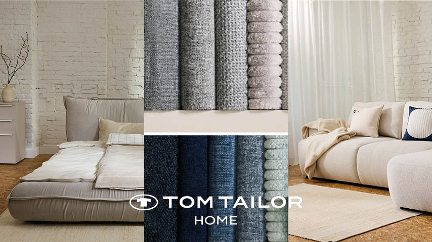 Collage mit Möbeln der TOM TAILOR HOME Kollektion sowie Nahaufnahmen verschiedener Stoffstrukturen in Beige-, Grau-, Blau- und Grüntönen.