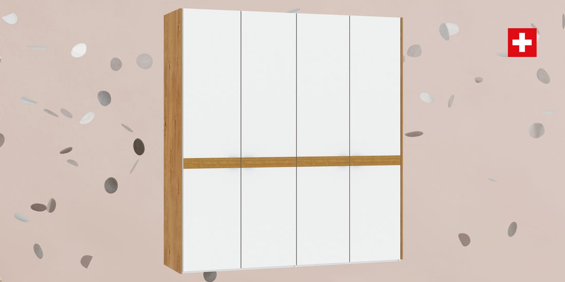 MODUL Schrank mit Konfetti und Schweizer Kreuz auf beigem Hintergrund